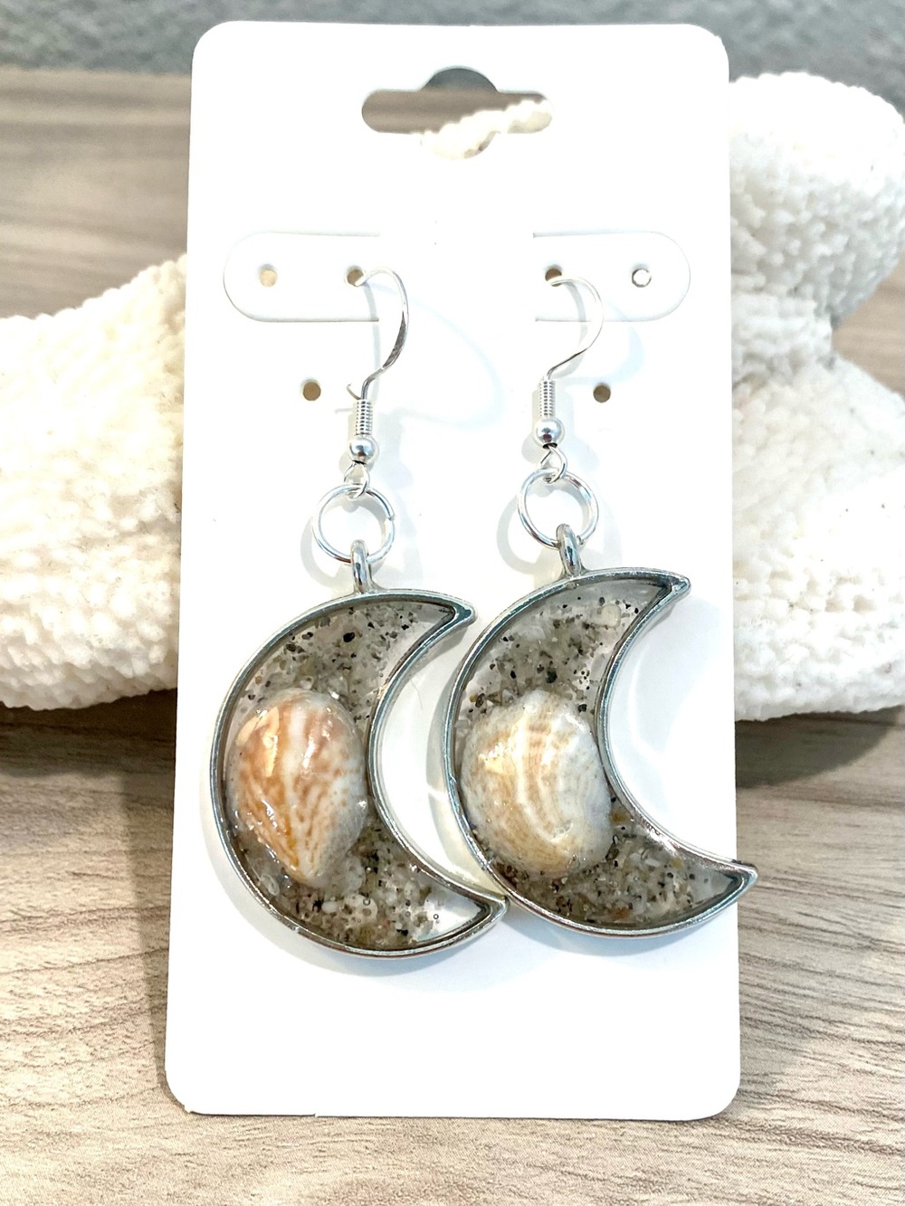 3. Silver Crescent Moon Drop Earrings with Sanibel beach sand and slipper shells